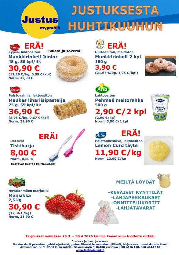 Justus myymälä - huhtikuun 2026 tarjoukset